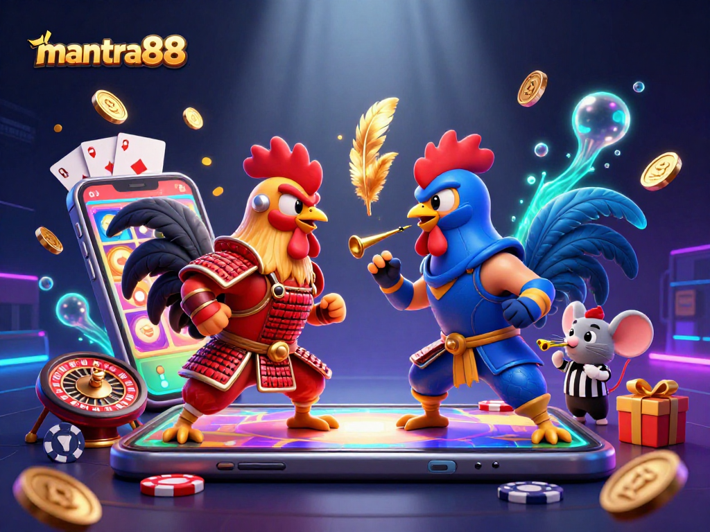 Experience thrilling action with mantra88 in an exciting 3D gaming scene featuring fighting roosters and vibrant casino elements.