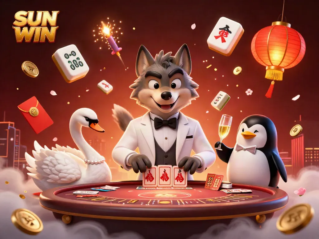 Experience SUN WIN with vibrant 3D casino characters at a baccarat table amidst floating mahjong tiles and festive decorations.