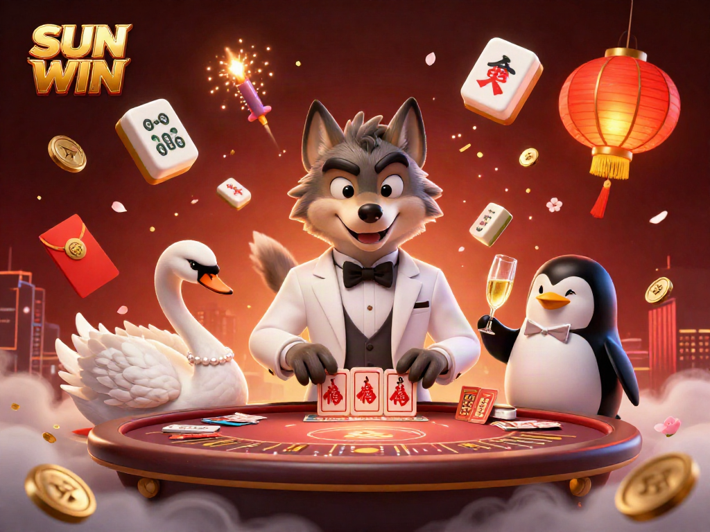 Experience SUN WIN with vibrant 3D casino characters at a baccarat table amidst floating mahjong tiles and festive decorations.
