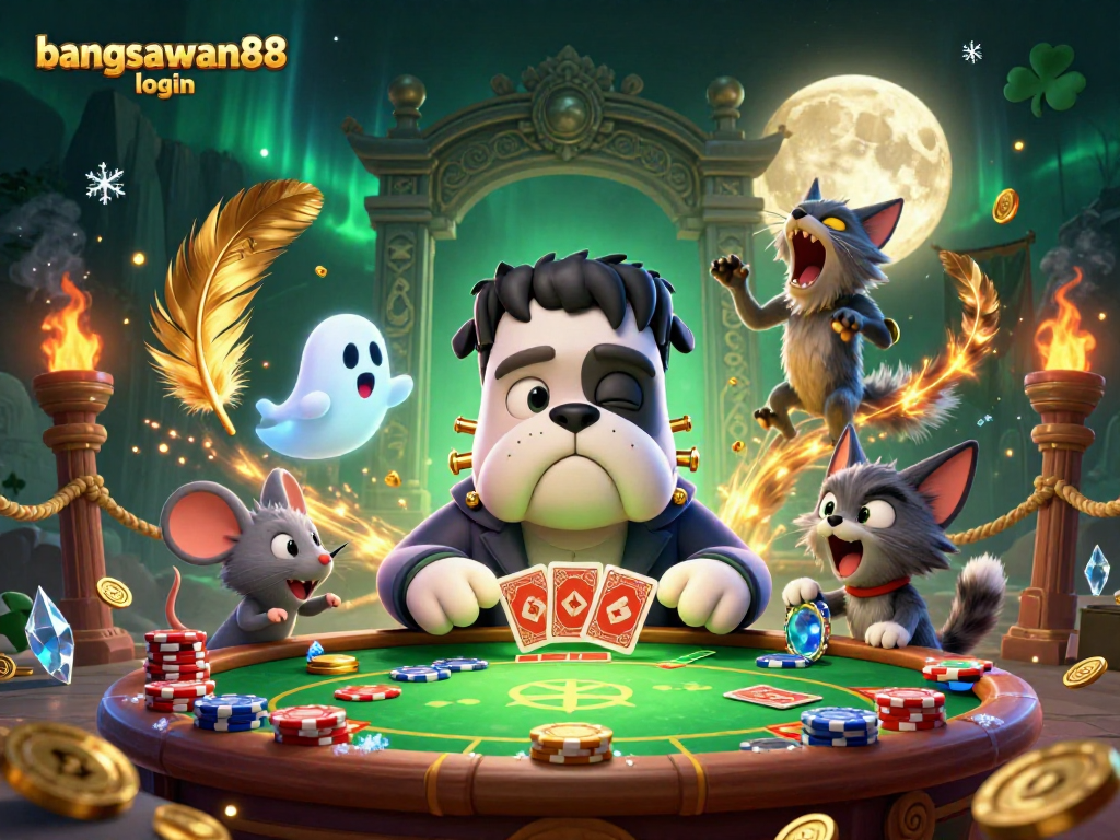 Engage in the spooky ambiance of bangsawan88 login with a card-dealing bulldog and playful ghost mouse in a lively casino setting.