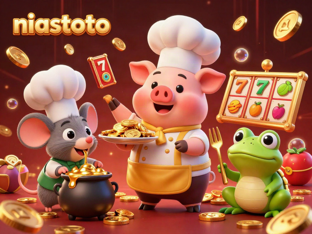 Experience niastoto’s engaging casino atmosphere with a vibrant pig chef serving gold coins, showcasing exciting gaming elements.