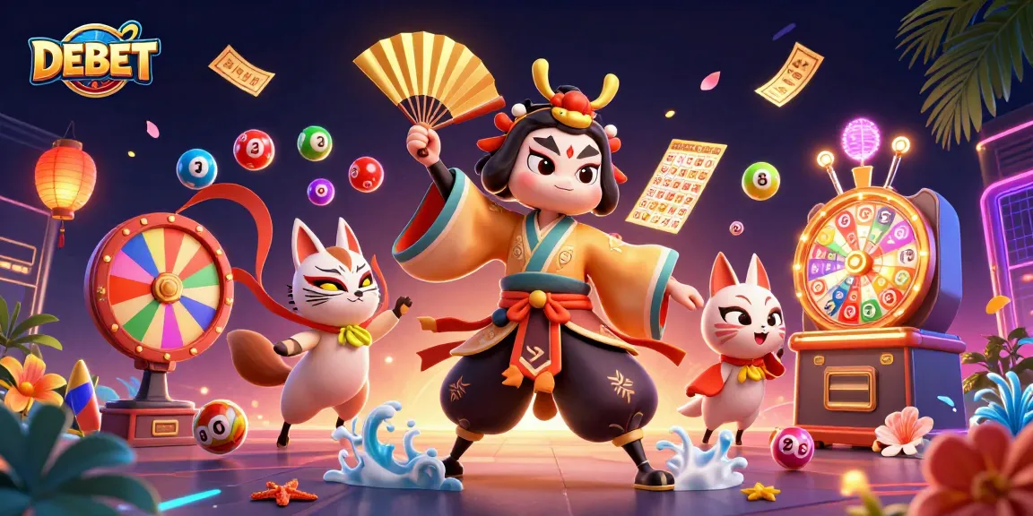 Engage with DEBET in this vibrant lottery scene featuring dynamic elements and characters.