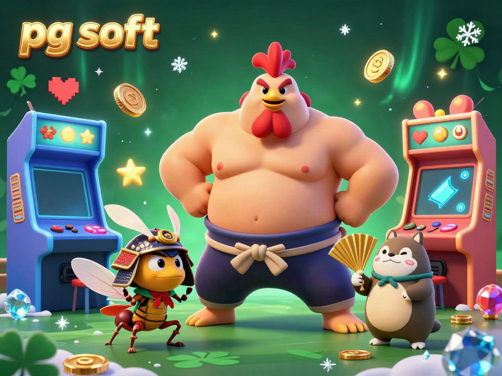 Ilustrasi kasino 3D memperlihatkan rooster sumo besar dan kuat serta jangkrik samurai, di latar belakang mempesona dengan elemen permainan pg soft.