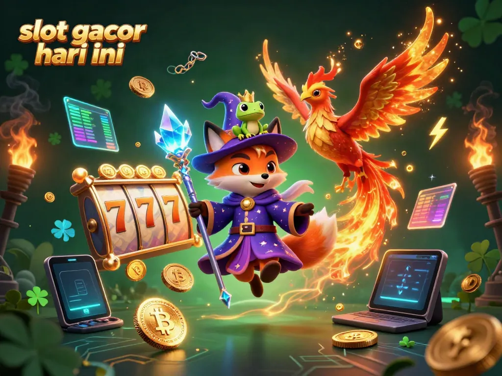 Engage in the excitement of slot gacor hari ini with a mystical wizard fox and a blazing phoenix in an enchanting casino landscape.
