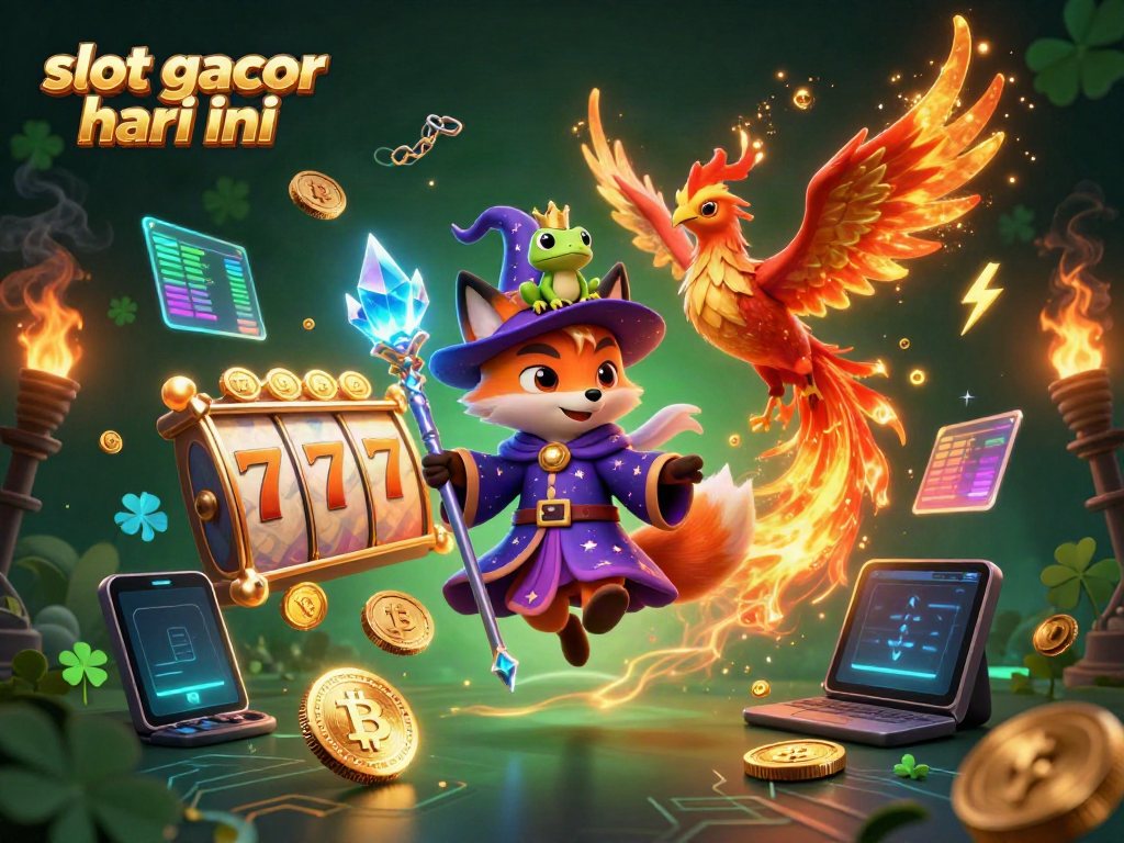 Engage in the excitement of slot gacor hari ini with a mystical wizard fox and a blazing phoenix in an enchanting casino landscape.