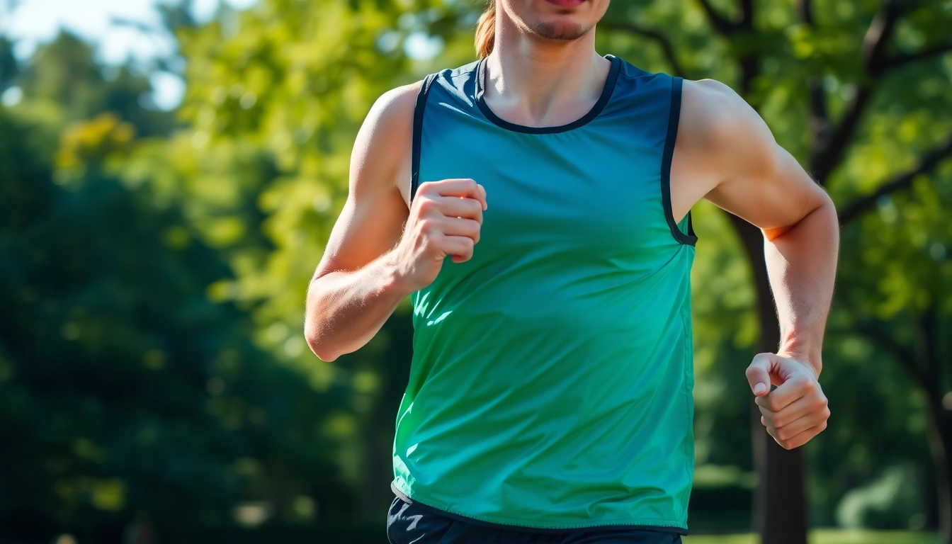 Jogger wearing a running vest showcasing comfort and style in a vibrant park.