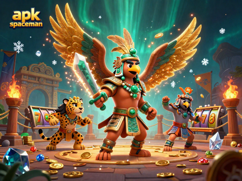 Spin to win with apk spaceman in a vibrant 3D casino adventure featuring Aztec warriors and slot elements.