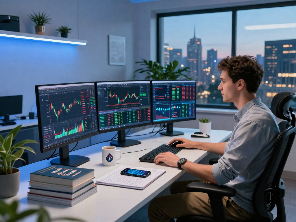 Operador analizando datos bursátiles en su espacio de trabajo moderno con Immediate Edge.