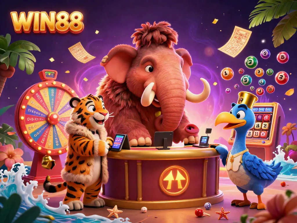 Experience exciting games at WIN88 casino with vibrant characters and dynamic lottery elements in a lively scene.