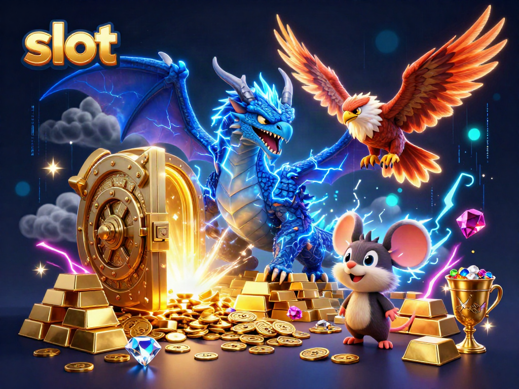 Play thrilling slot games with a powerful dragon and magical treasures surrounding players.