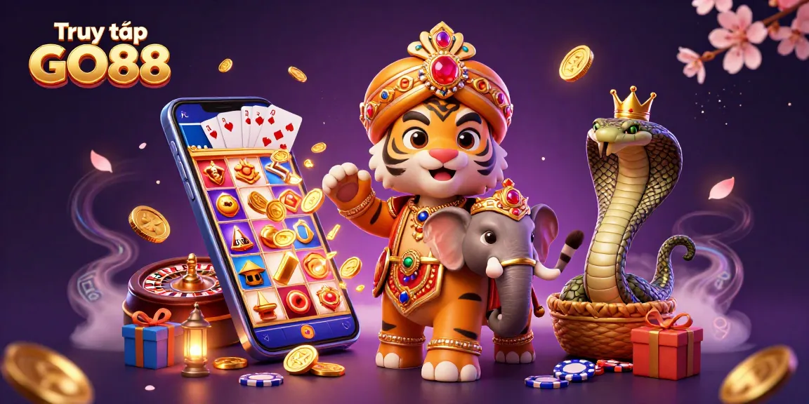 Experience the thrill of online gambling with the vibrant scene of Truy cập GO88, showcasing a Maharaja tiger and an elephant amidst dynamic gaming elements.