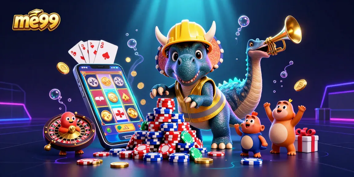 Experience thrilling gameplay at me99 with a vibrant 3D illustration showcasing a casino scene with unique characters.