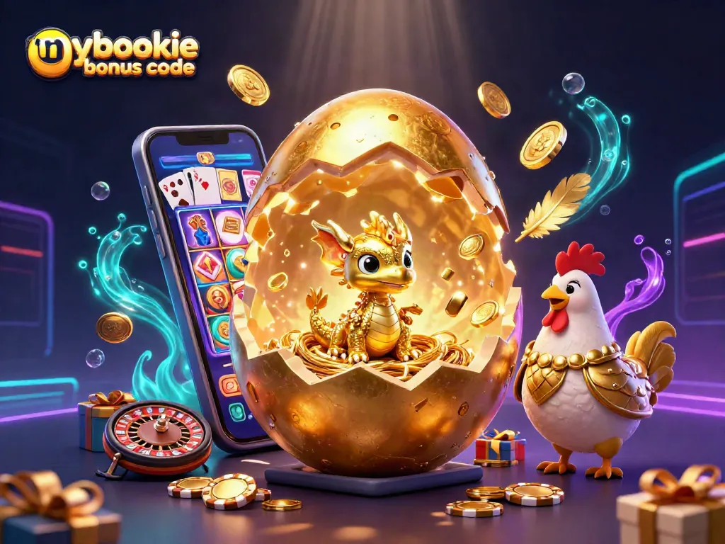 Engage in thrilling action with mybookie bonus code revealed alongside a golden dragon in a vibrant casino scene.