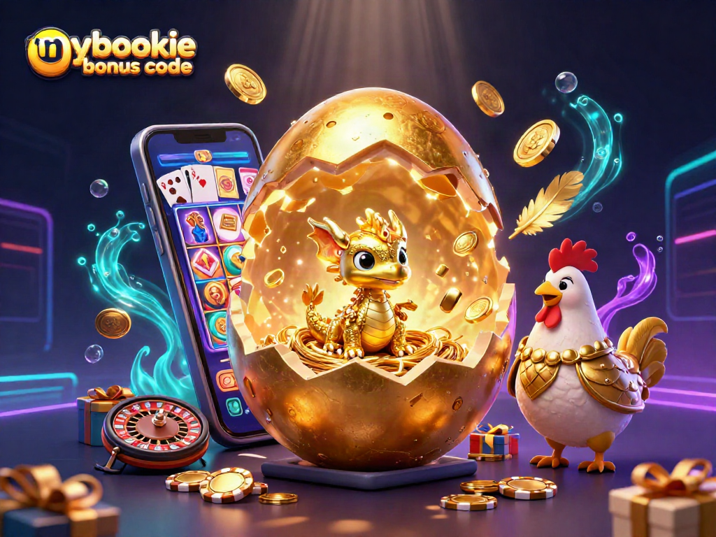Engage in thrilling action with mybookie bonus code revealed alongside a golden dragon in a vibrant casino scene.