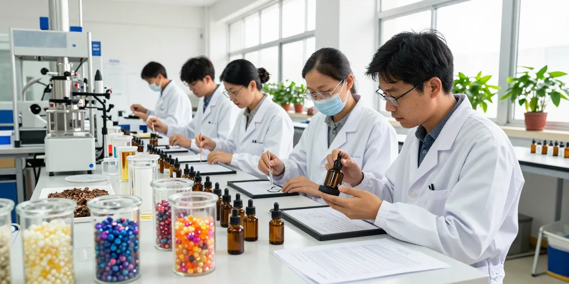 Fragrance Beads Manufacturer team creating custom scent formulations in modern lab, showcasing vibrant oils and materials.