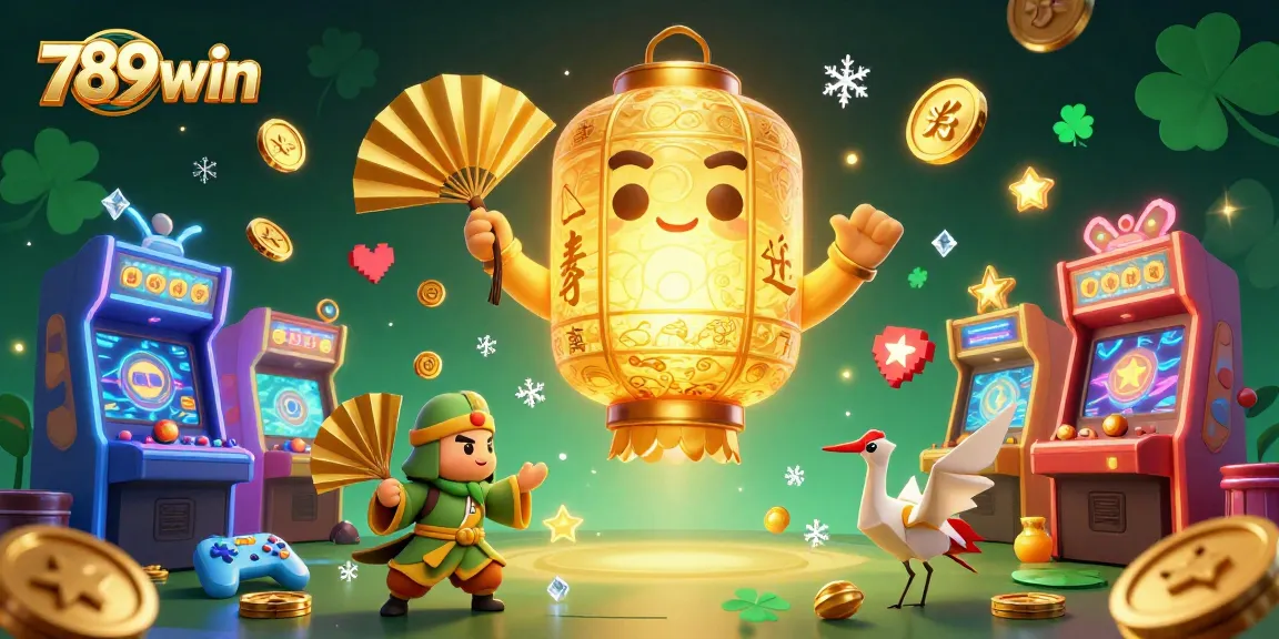 Experience the vibrant 789win scene with a golden lantern spirit and gaming elements in dynamic casino art.