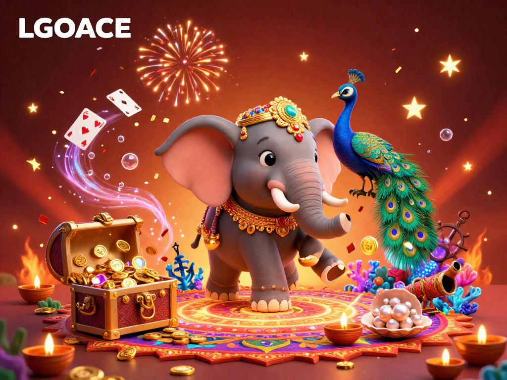 LGOACE offers immersive gaming experiences with a stunning 3D illustration showcasing vibrant characters and casino elements.
