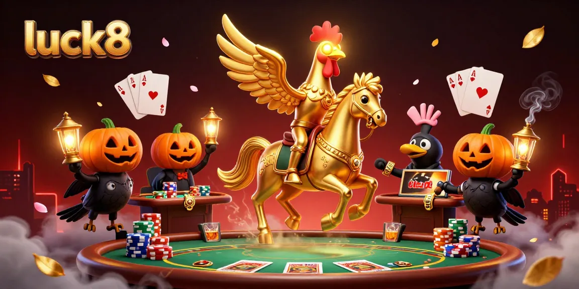 Engage in luck8 gaming adventure with vibrant visuals of a golden rooster and poker elements.