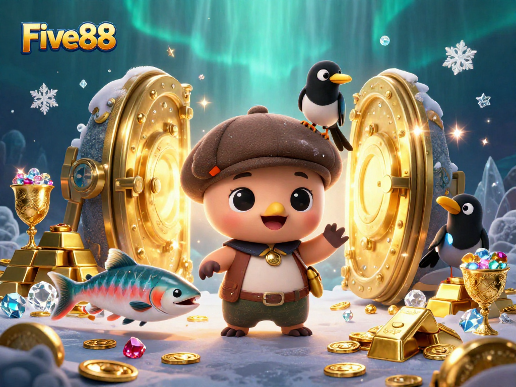 Experience the charm of Five88 with Nessie and treasures in this vibrant casino-themed illustration.