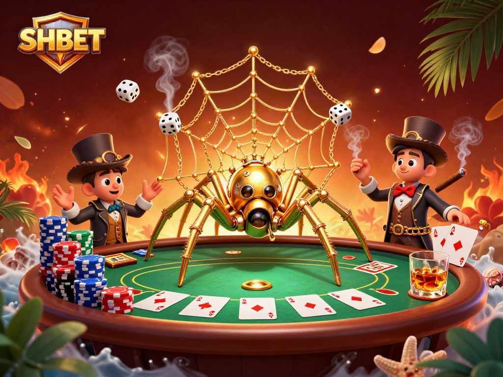 SHBET captivates players in a vibrant steampunk casino scene with poker chips and dynamic gameplay.