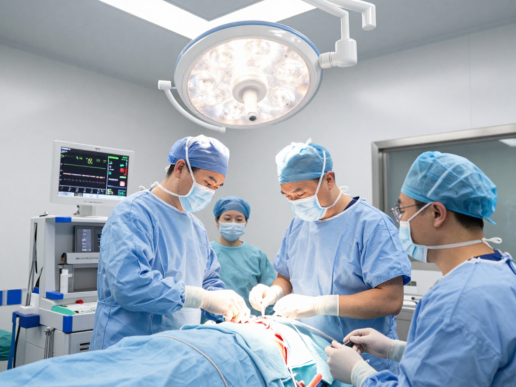 Expert performing dar kanal ameliyatı in a modern surgical room, showcasing advanced techniques and teamwork.