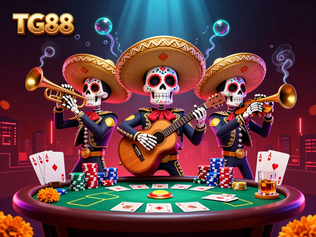 Engage in thrilling casino action at TG88 featuring vibrant skeleton mariachi band and poker elements.