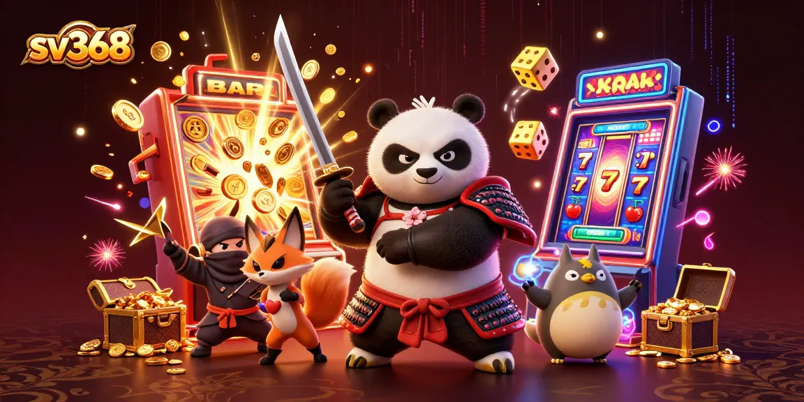 Spin the reels at sv368 with a samurai panda and ninja fox in this vibrant casino scene.