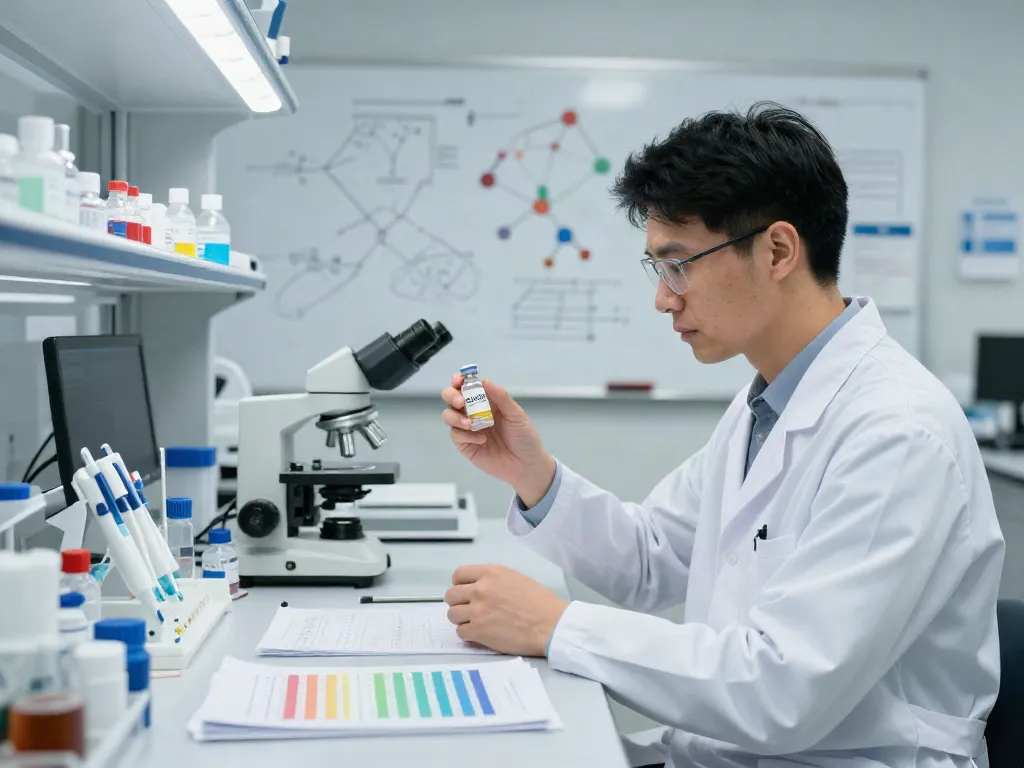 CJC ipamorelin research products in a modern lab setting with a scientist examining peptide vials.