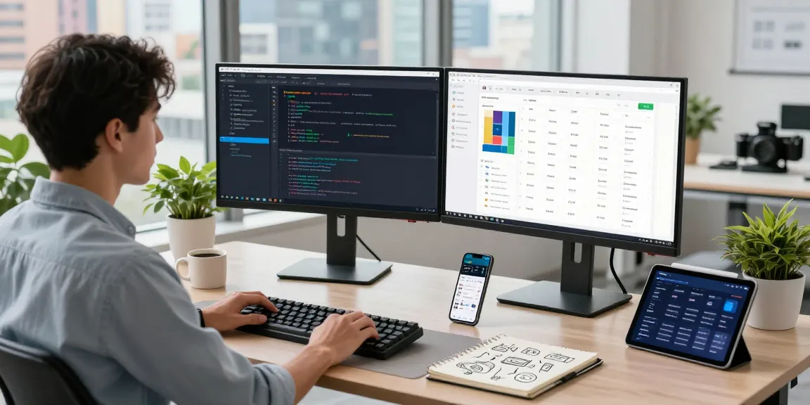 Build internal tools with AI in a modern software development workspace showcasing a developer coding on dual monitors amidst a lively urban backdrop.