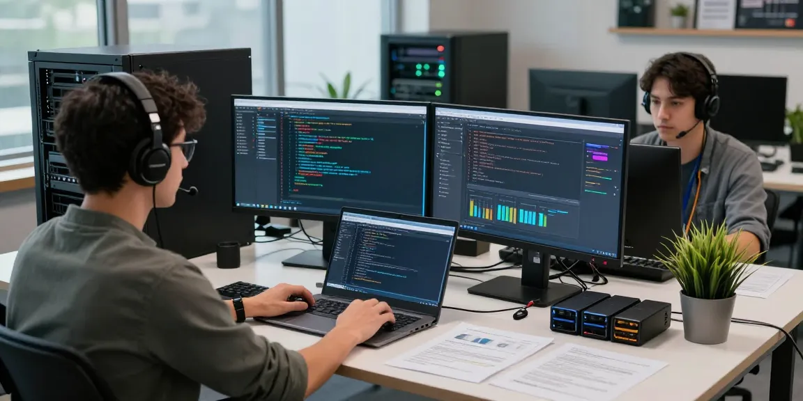 Linux server security audit in a modern tech workspace with monitoring dashboards and coding tools