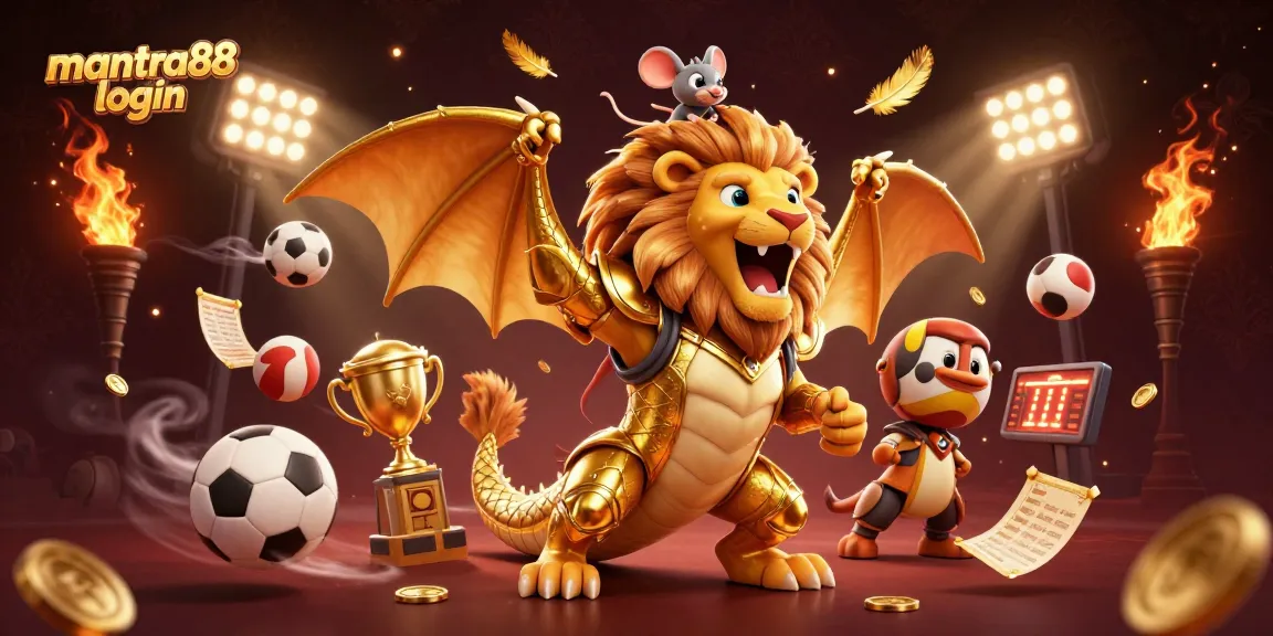 Experience the thrill with mantra88 login, featuring a heroic chimera in a vibrant casino scene.