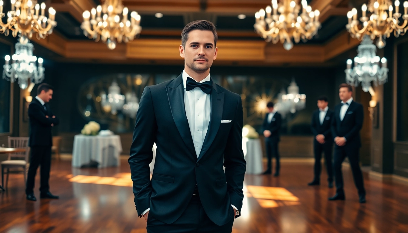 Men's black formal attire showcased by a dapper gentleman in a sophisticated ballroom setting.