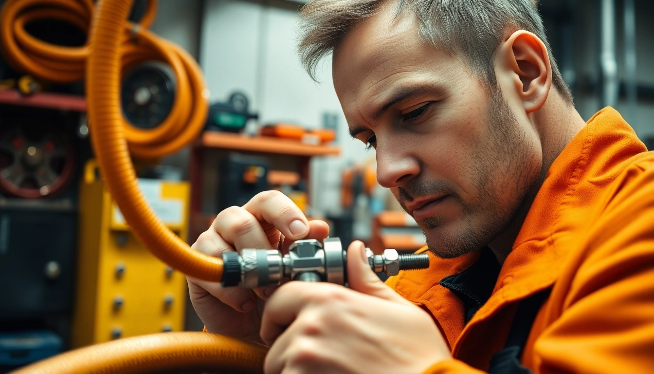Technician performing hydraulic hose repair with precision tools in a well-lit workshop.