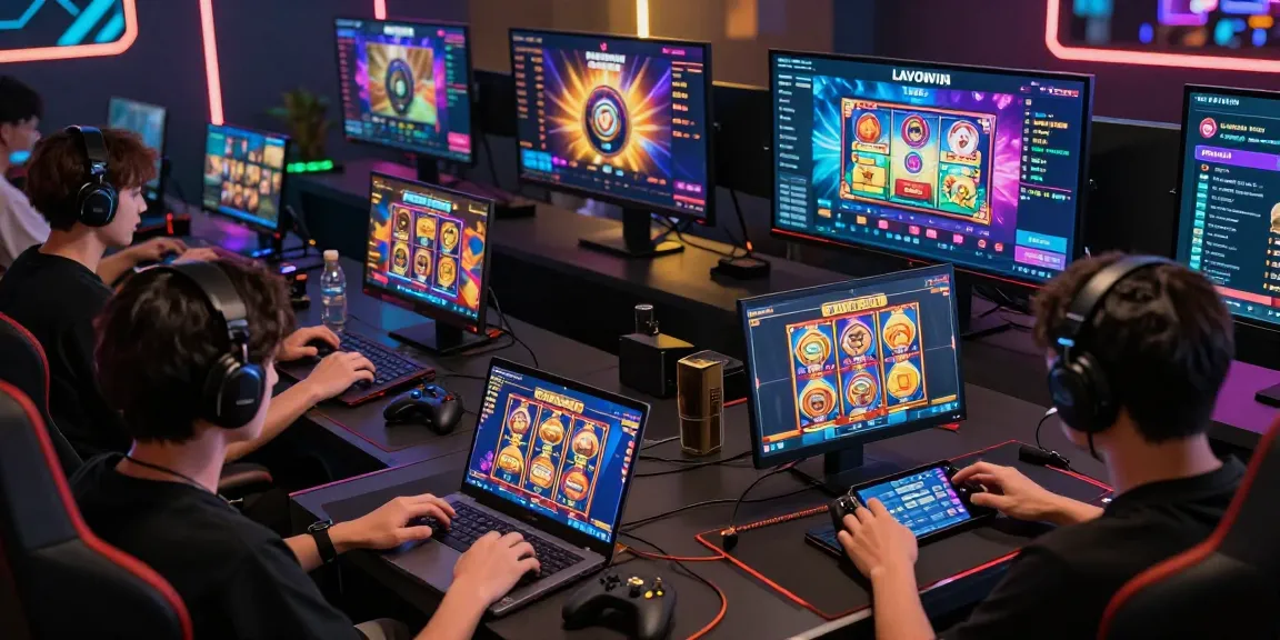 LAVOWIN players enjoying diverse slot games in a modern gaming lounge with vibrant screens and energetic atmosphere.
