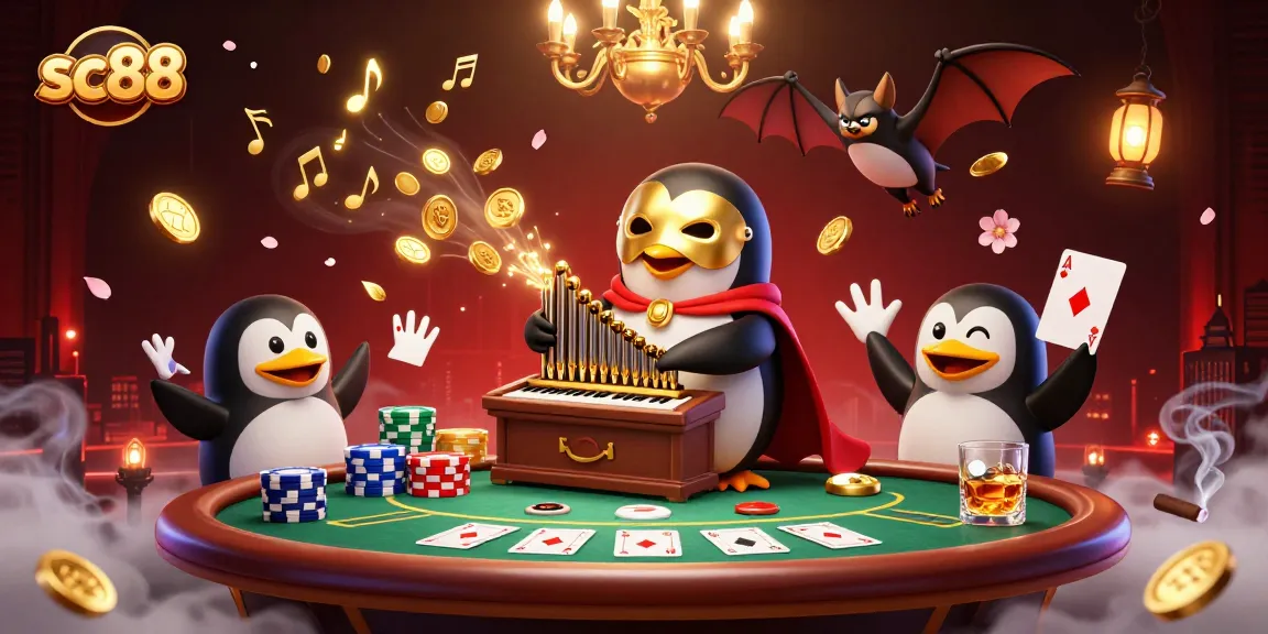 Play the exciting sc88 gaming experience with a vibrant 3D illustration, featuring a penguin organist amidst dynamic poker visuals.