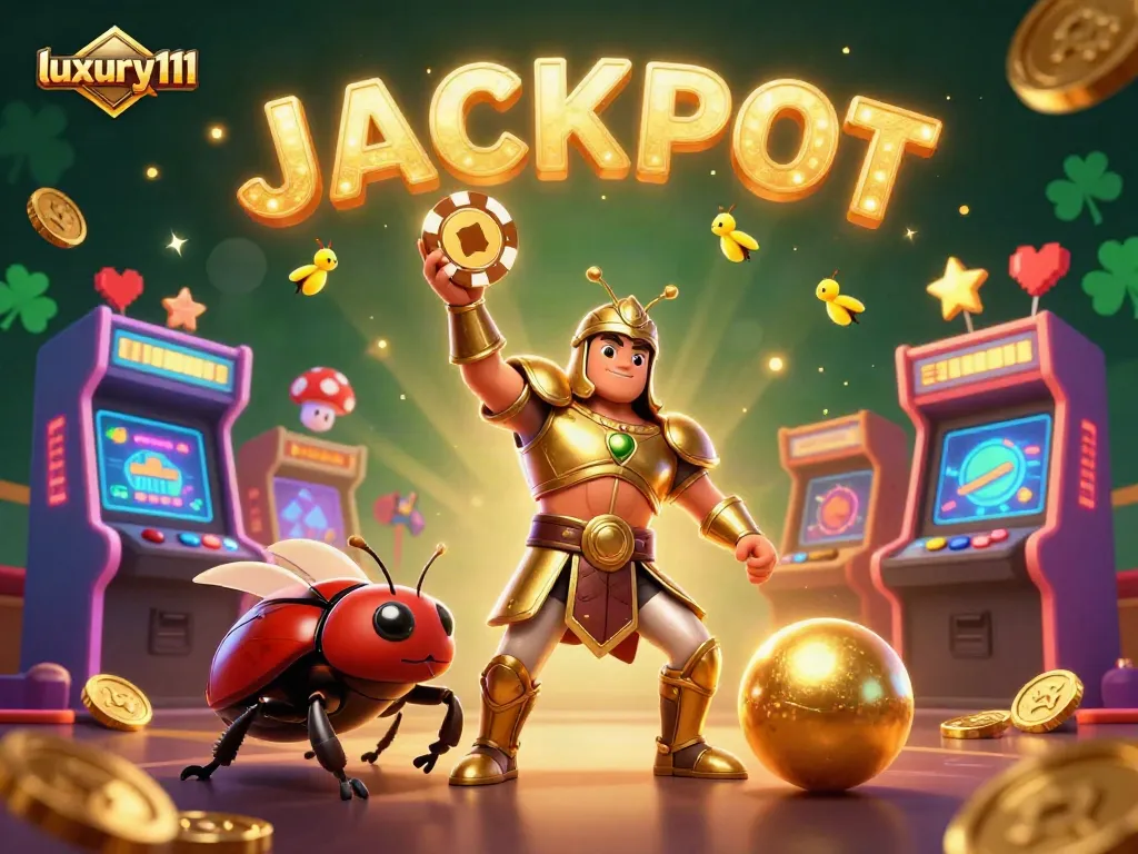 Experience luxury111 gameplay at its finest with a 3D cartoon scene of victory and vibrant gaming action.