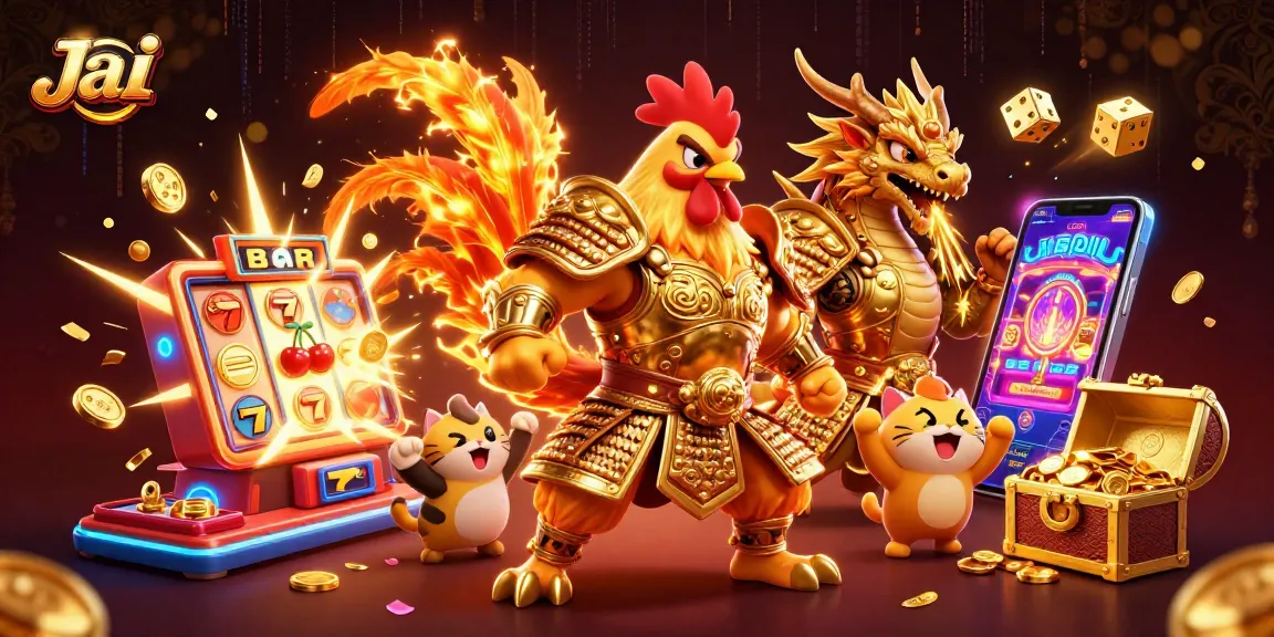Experience thrilling wins at Jai club with a powerful rooster warrior and dragon hatchling in a vibrant casino setting.