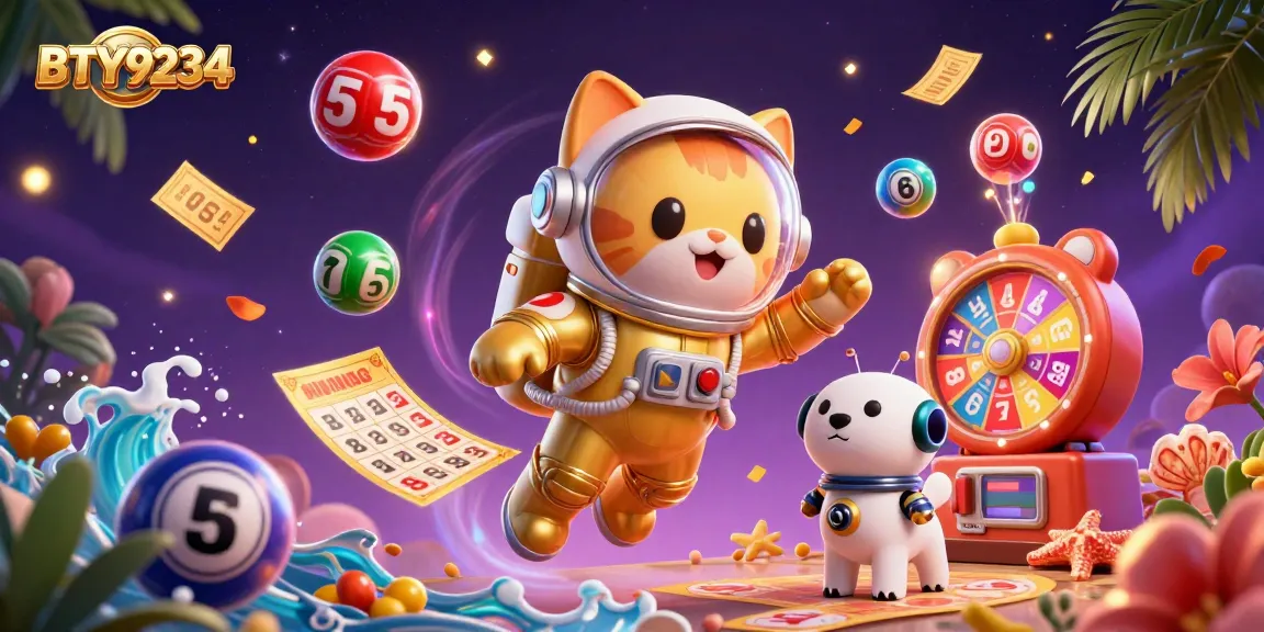 Engage with exhilarating BTY9234 lottery gameplay featuring vibrant balls and a fun cosmic theme.