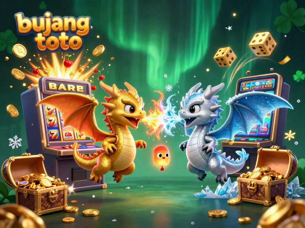 Bujang toto promotion illustrates dynamic game elements with a golden and silver dragon in a casino setting.