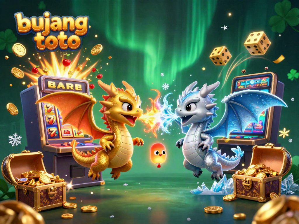 Bujang toto promotion illustrates dynamic game elements with a golden and silver dragon in a casino setting.