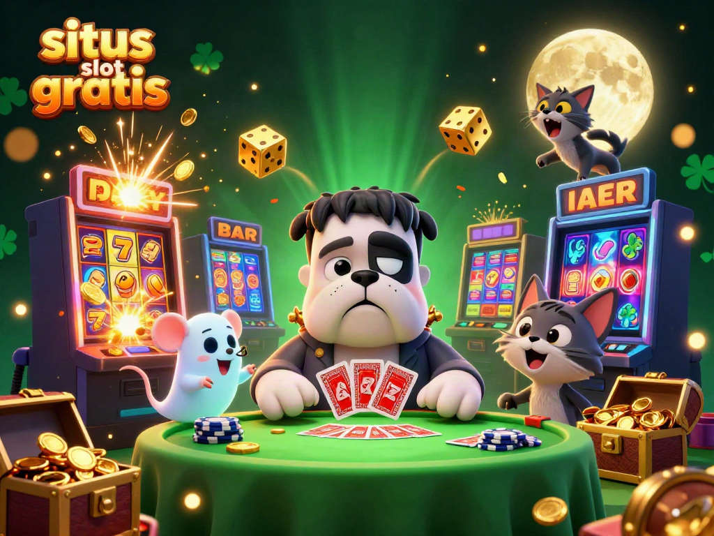 Engage in situs slot gratis action with a dynamic cartoon scene featuring a Frankenstein bulldog dealer and playful elements.