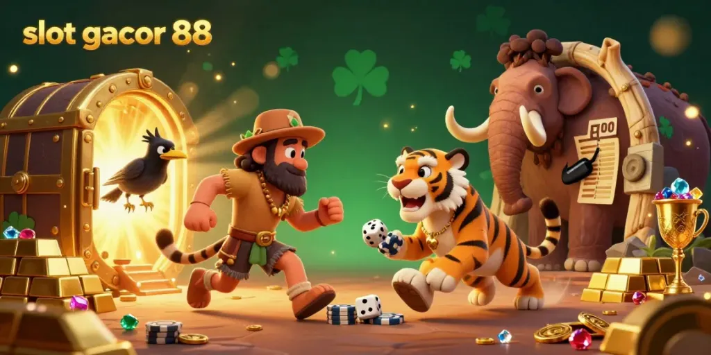 Experience slot gacor 88 thrills with a vibrant casino scene featuring cavemen and treasures.