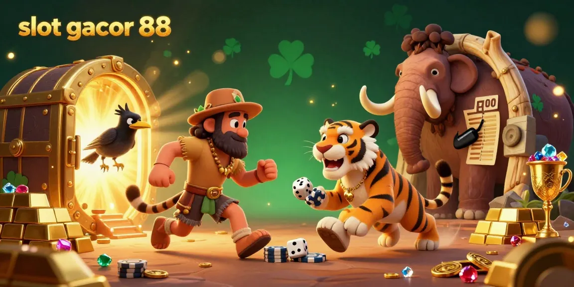 Experience slot gacor 88 thrills with a vibrant casino scene featuring cavemen and treasures.