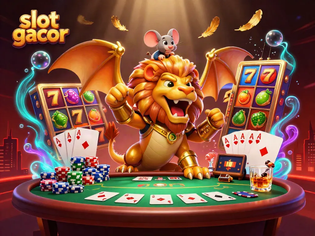 Slot gacor menghadirkan kombinasi karakter unik dan elemen slot yang dinamis dalam ilustrasi kasino.