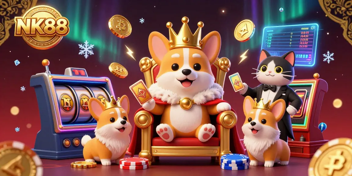 Experience the thrill of NK88 with a royal corgi on a poker chip throne amidst vibrant casino elements.